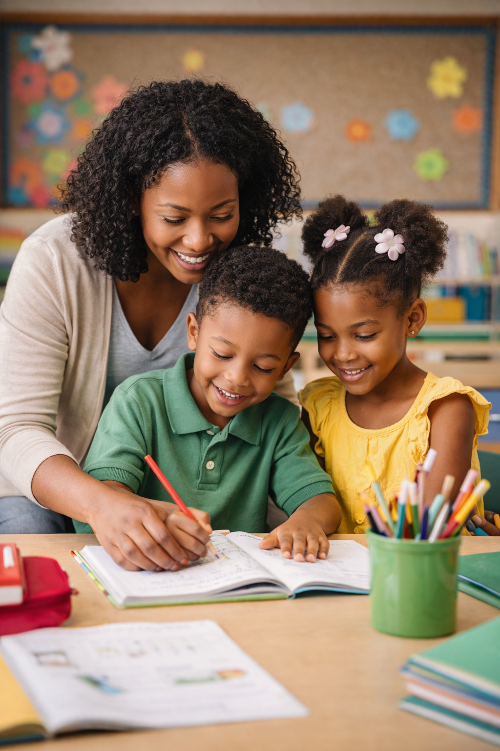 African American mother helping children learn and study at Harvest Learning Center